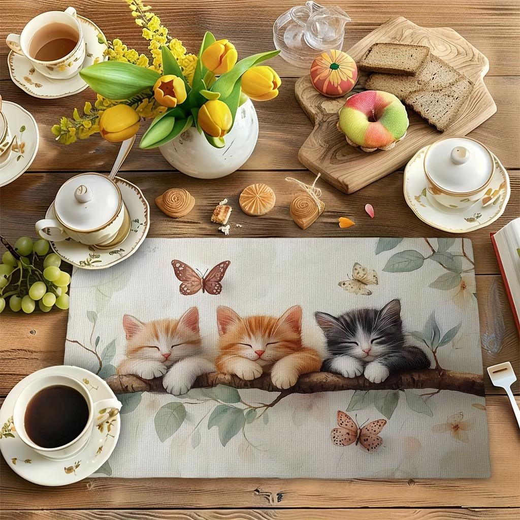 4/6 stuks Placemats voor Eettafel, Aquarel Tak Slapende Kat Tafelmatten, Antislip/Afneembaar Eettafelmat Set voor Feest Keuken Eetkamer