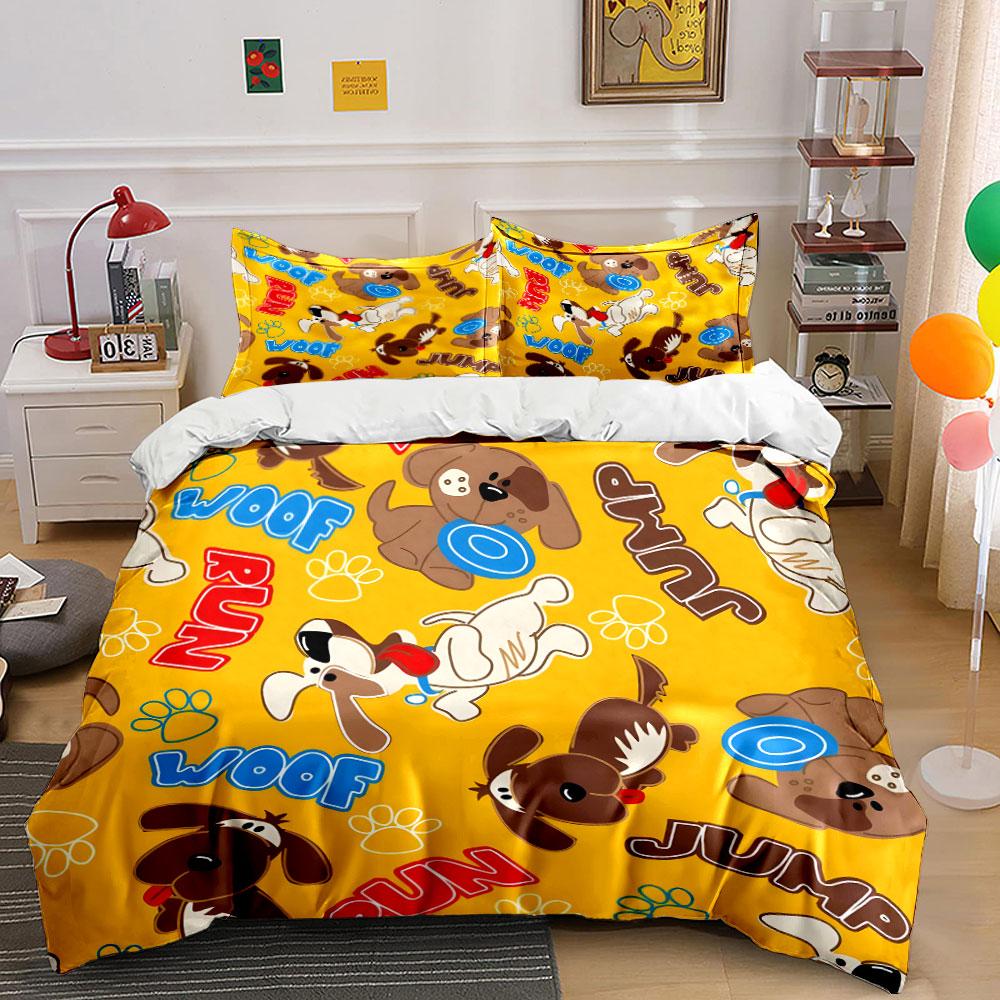 Cartoon Dogs Woof Run Jump Pattern Bedding Duvet Cover Set (1*Duvet Cover 2*Pillowcases, without duvet insert)