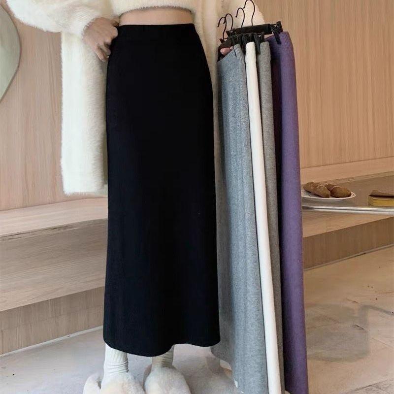Bodycon A-Line Women's Black Knitted Maxi Skirt Autumn Winter High Waist Slim-Fitting Ankle-Length Straight Skirt