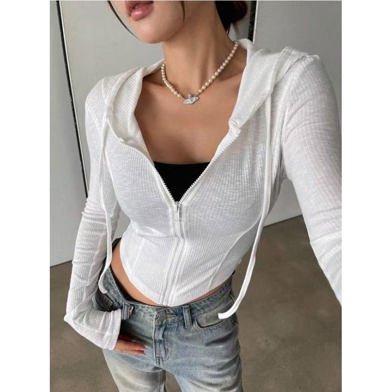 Wiosna Jesień Damski Koreański Vintage Kardigan z Kapturem Cienki Letni Sportowy Kurtka Slim Fit Krótki Top na Zamek Jednolity Kolor
