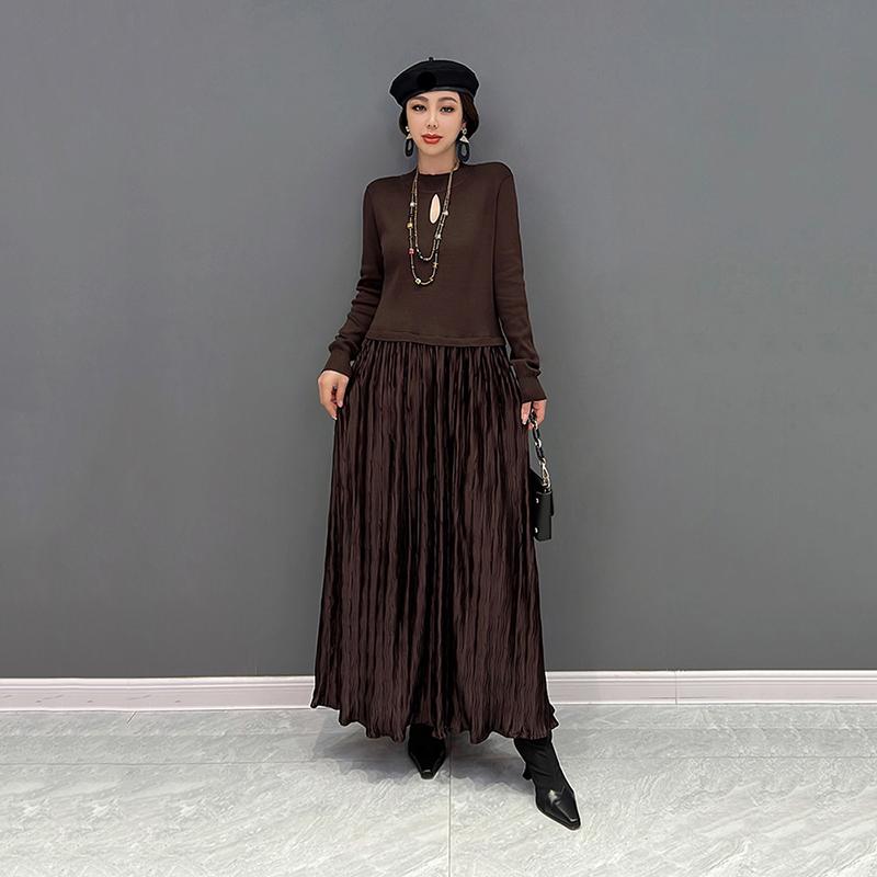 Xitao Vintage Velvet Knitting Half High Collar Dress WLD13129