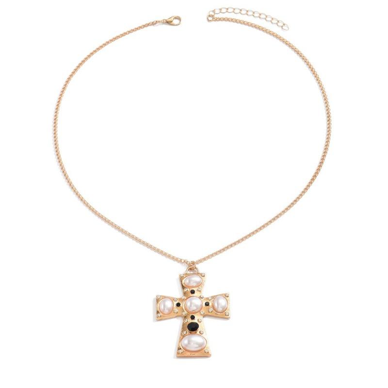 Imitation Pearl Metal Cross Pendant Punk Style Niche Necklace Women's High Sense Collarbone Chain