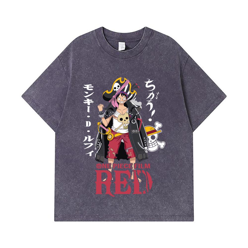 275 GSM Washed T-shirts 100% Cotton One Piece V79 Luffy Film Red Print Unisex Heavy Cotton T Shirt