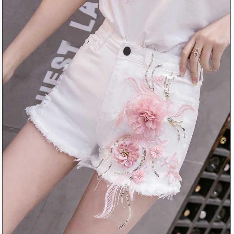 

Women s Summer High Waist Denim Shorts - Loose Fit Distressed Embroidered White Stretchy Wide Leg Shorts S