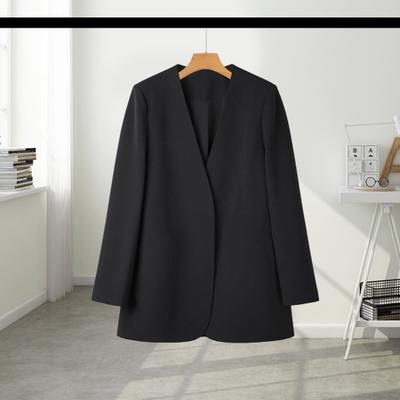 Women Suit Coat Collarless Long Sleeve Solid Color Casual Coat Loose