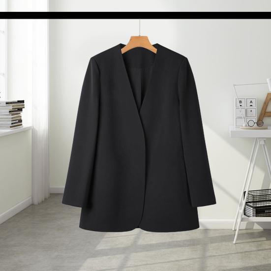 Women Suit Coat Collarless Long Sleeve Solid Color Casual Coat Loose Fit No Buttons Cardigan Style Outerwear Work Wear