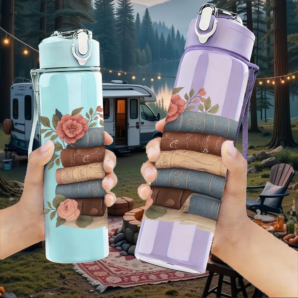 1PC Vintage Stacked Rose Books 750ml Color Plastic Sports Water Bottle Leakproof Flip Straw Lid Suitable for Sports Office Home Use