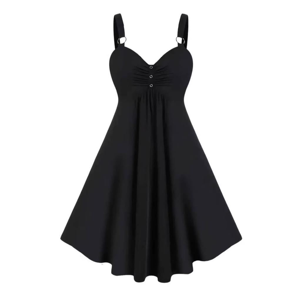 Y2 Summer High Waist Sleeveless Metal Gas Eye Splicing Skirt Solid Color Suspender Sexy V-neck Short Skirt Women