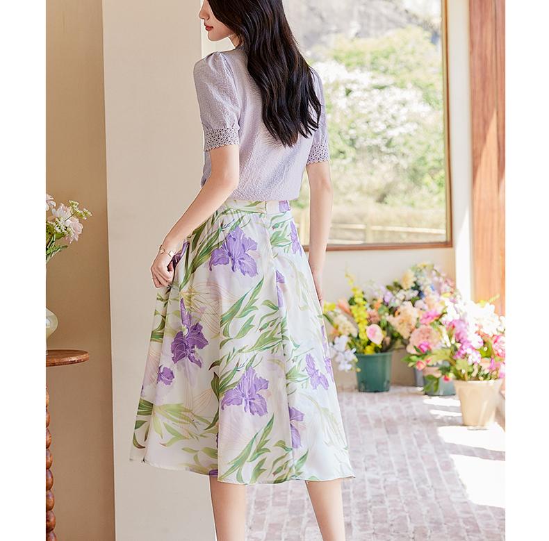 French style fresh and elegant style, purple imitation satin, niche print A-line skirt, slimming half skirt
