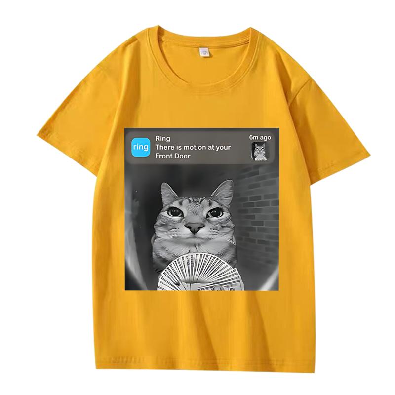There Is Motion At Your Front Door Funny Silly Cat Meme T Shirt Men Women Oversized 100% Cotton  Short Sleeve Summer Unisextops