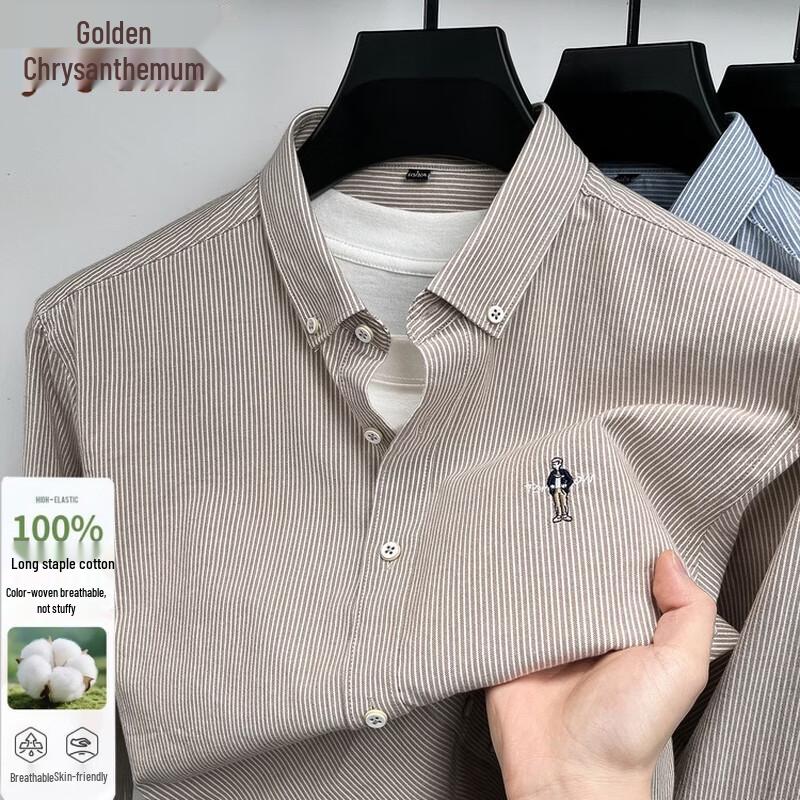 Jinju Men s Classic Striped Long-Sleeve Button-Down Cotton Shirt 3XL