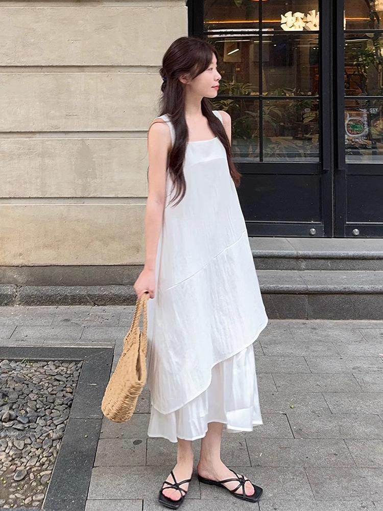 White Vest Skirt Women's Summer 2026 New French Loose Design Medium and Long Irregular Suspender Dress