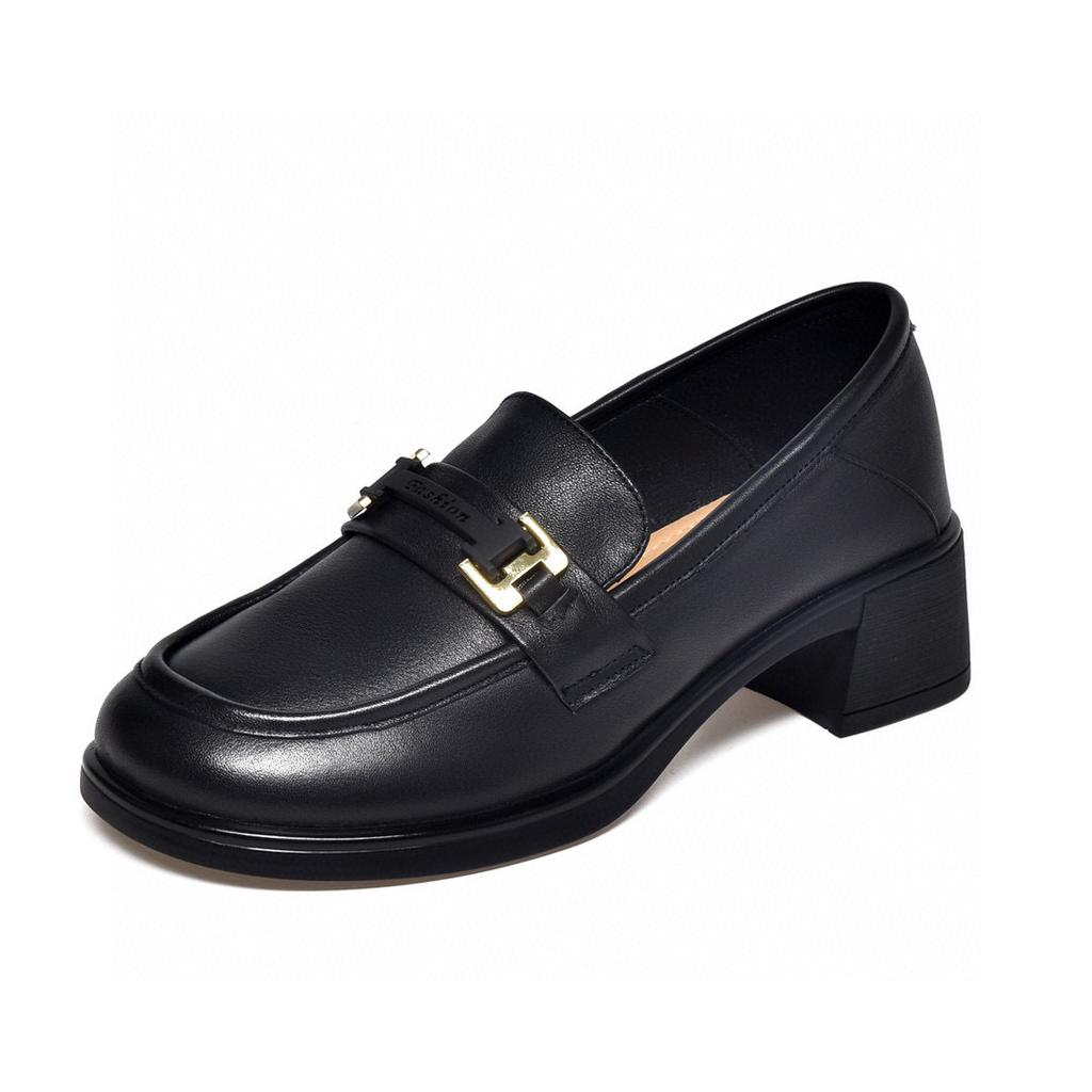 Small Leather Shoes Women's Autumn New First-layer Cowhide Middle Heel Single Shoes Round Head Shallow Mouth One Pedal Women's Shoes