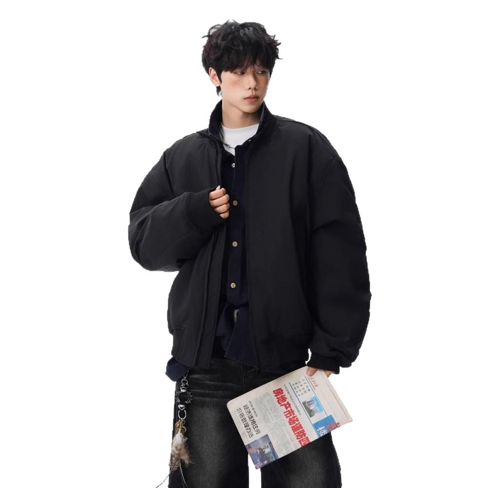 Men's Winter Retro Loose-Fit Bomber Jacket - Stand Collar, Padded, American Trendy Style