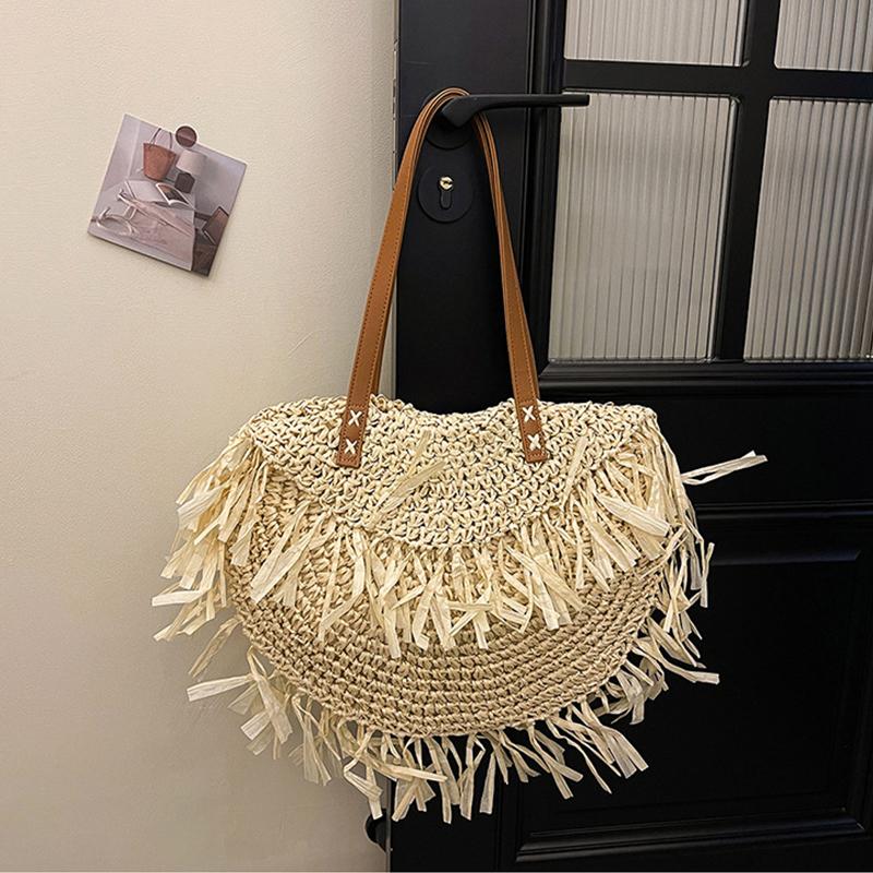 Geantă de umăr tricotată elegantă pentru femei cu ciucure, geantă împletită ajurată, rezistentă la uzură, țesută manual, geantă de plajă, genți shopper