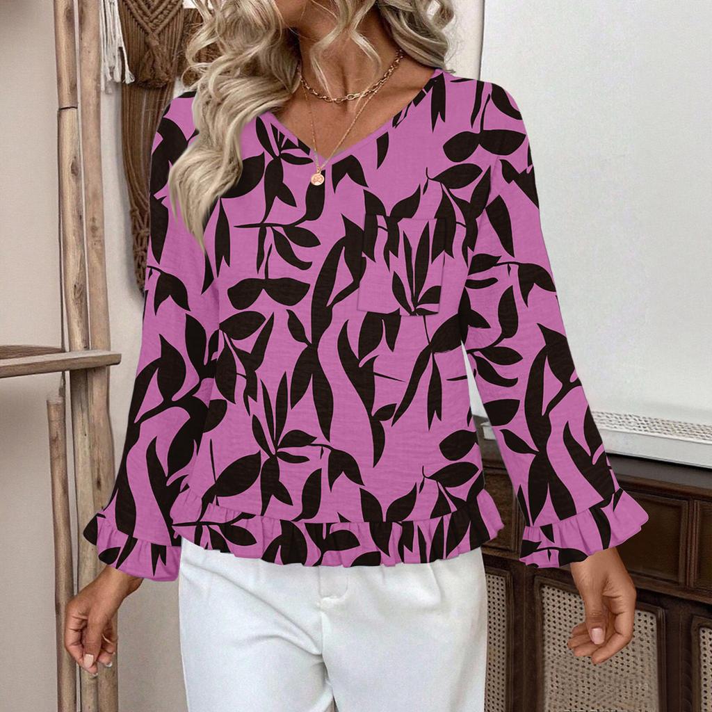 Women's Casual Fashion Ruffle V-Neck Pocket Print Long Sleeve Top