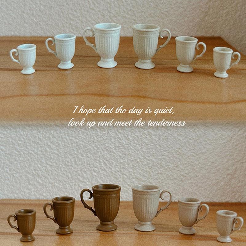 1Pcs Dollhouse French Retro Mini High Foot Relief Mark Coffee Cup With Handle Miniature Scene Decoration High End Stemmed Mugs