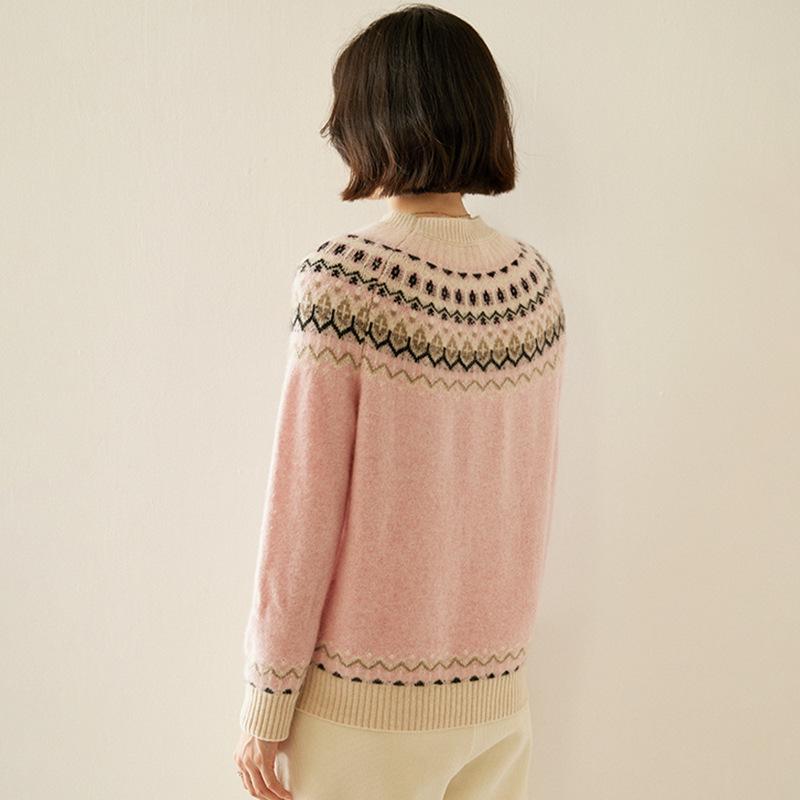 Women's Fair Isle Jacquard Cashmere Sweater - Versatile Round Neck Knit for Autumn/Winter