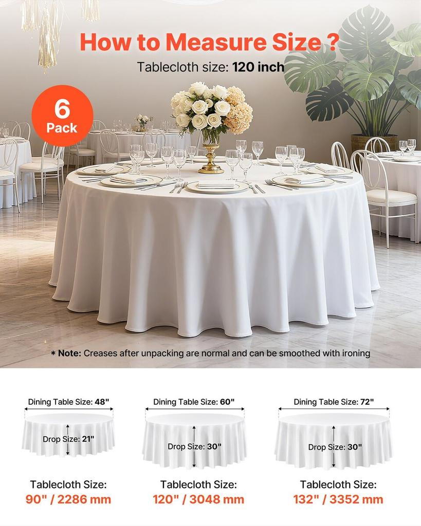 White Round Tablecloths 6 Pack, 120 Inches In Diameter, Stain- & Wrinkle- Resistant, Machine Washable Table Clothes, Polyester Fabric Table Covers for
