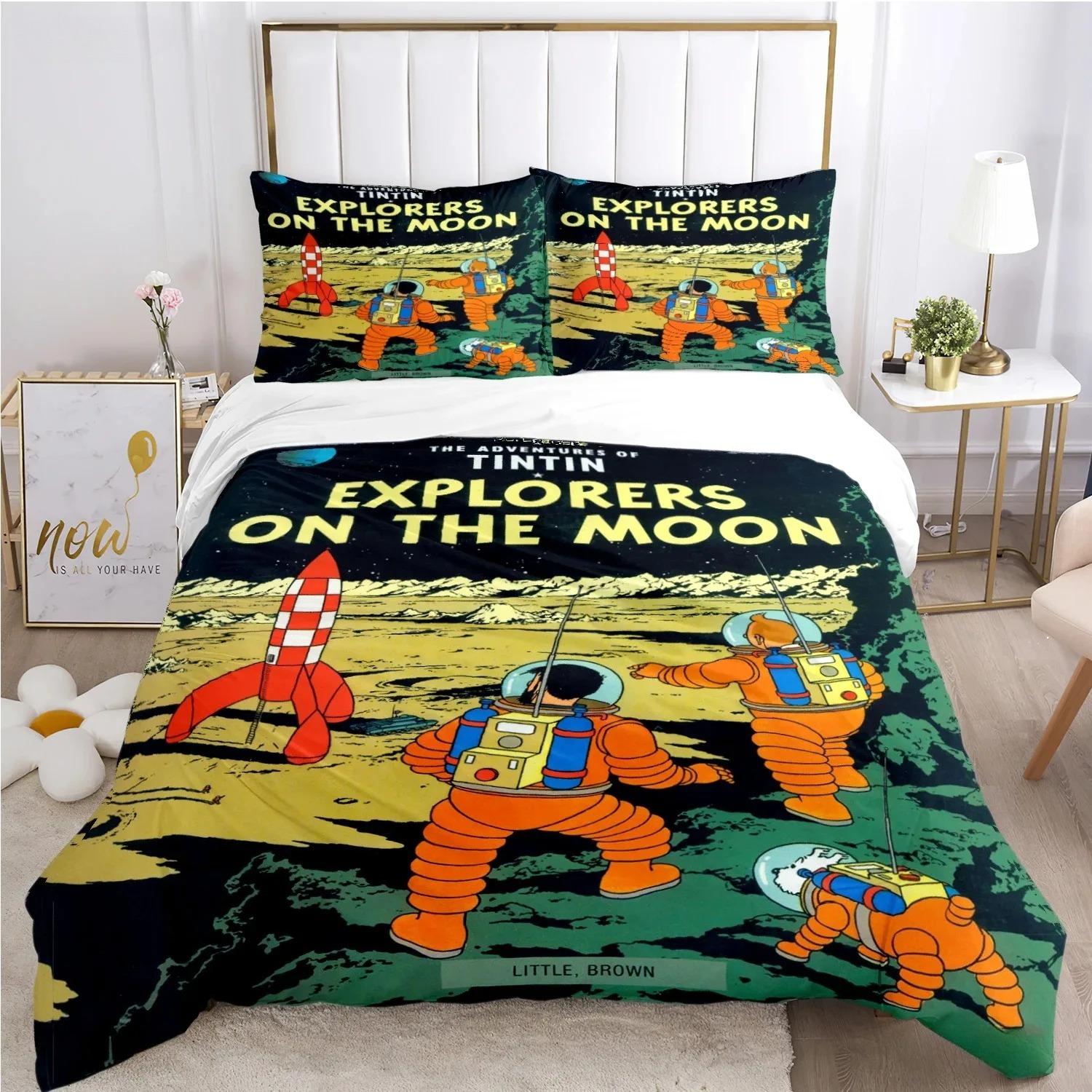 Housse de couette et taie d'oreiller Tintin Dessin Animé 3D, Ensemble de Literie Jumeau/Queen pour Adolescents et Enfants, Décoration de Chambre Douce Cadeau 100x135cm
