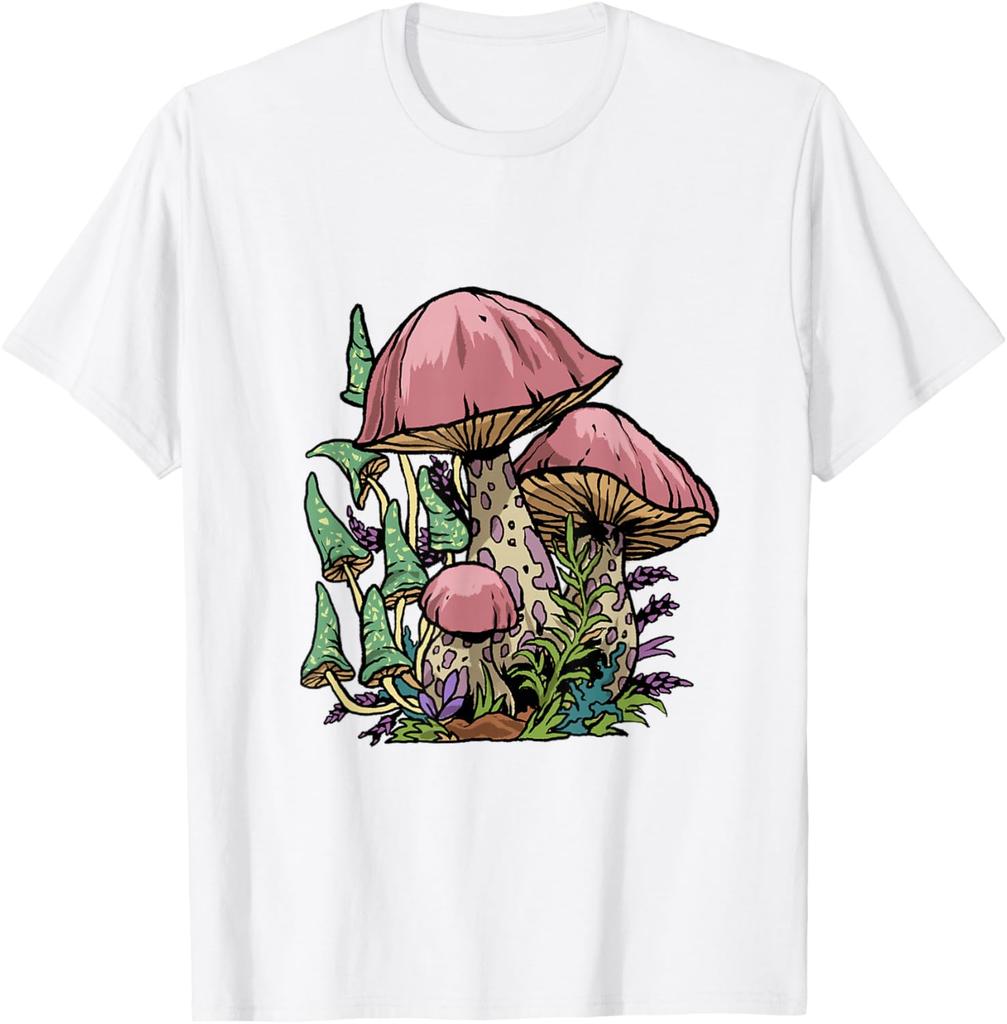 Psychedelic Cottagecore Mushroom Print Graphic Tee Soft Casual T-Shirt for Men Trip