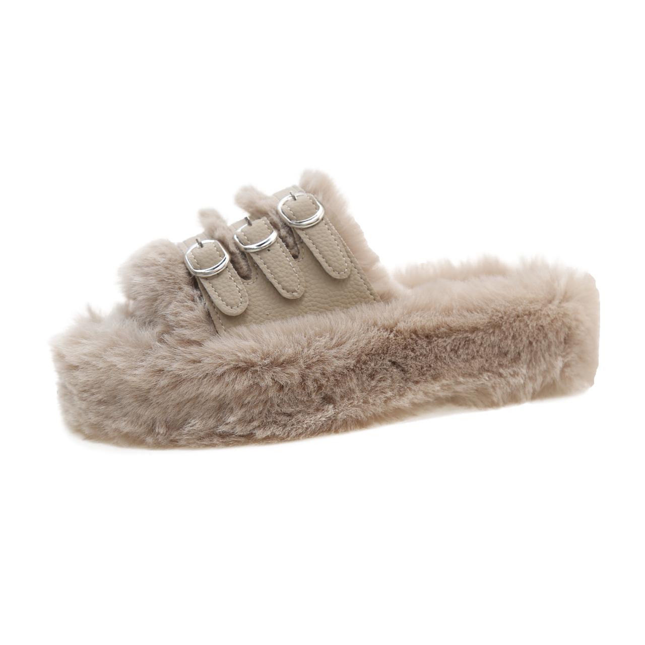 

мода 2024 Меховые шлепанцы на массивной платформе Женские Осенние Меховые Уличные шлепанцы Женские Дизайнерская обувь из короткого плюша 42