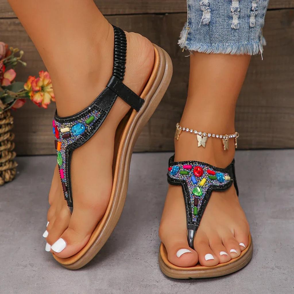 Fashion Colorful Crystal Bohemian Sandals Women Summer Anti Slip Clip Toe Beach Sandles Woman Comfy Flat Heel Gladiator Sandalias Mujer