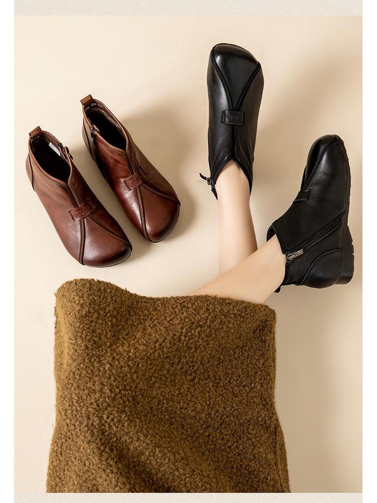 Mori Style Women's Suede Ankle Boots: Flat Round Toe, Fleece-Lined, Soft Sole – Winter 2025 Collection