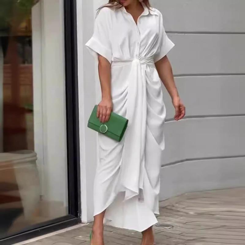 Women's fashion new lapel mid-length short-sleeved single-breasted high-waisted shirt skirt dress