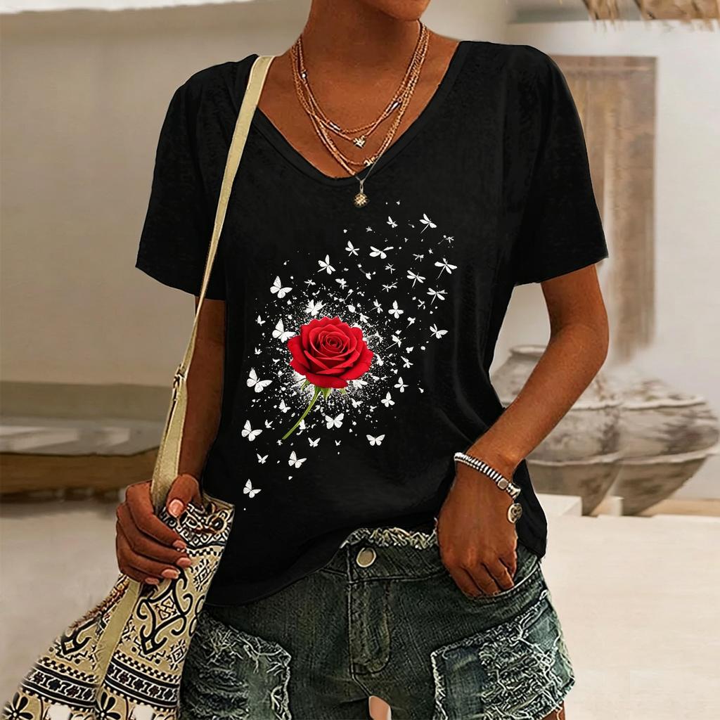 Women's Sunflower Print V-Neck T-Shirt, Casual Short Sleeve Tops,Bright Floral Daily Wear for Spring & Summer