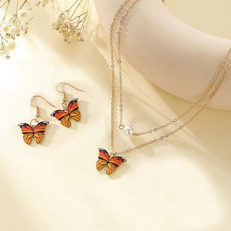 Multicolor Butterfly Necklace Earrings 3-Piece Set Sweet Versatile Butterfly Collarbone Chain Women'S Necklace Jewelry