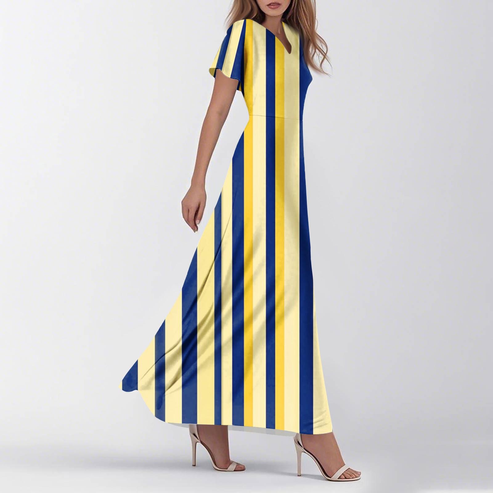 

Женские платья летние повседневные с V-образным вырезом в полоску с коротким рукавом платья для работы XL жёлтый