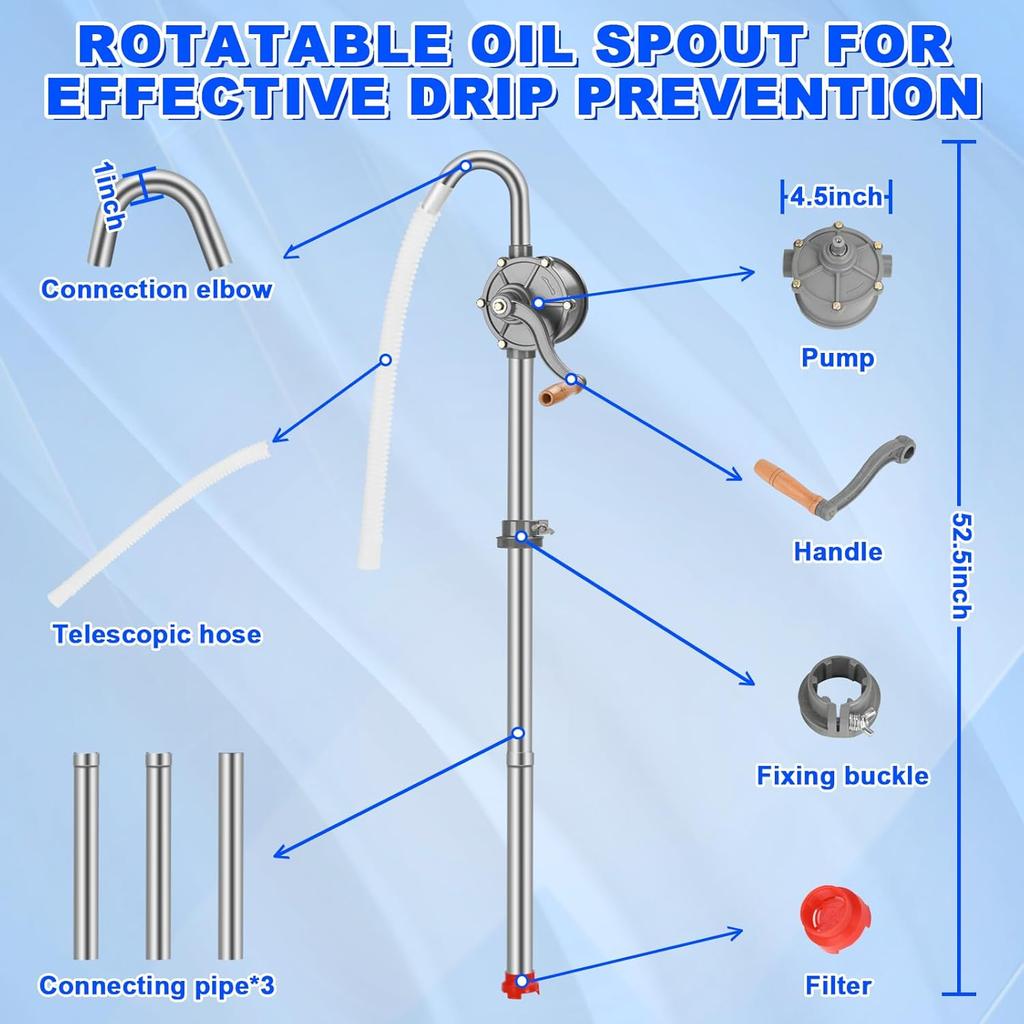 55 Gallon Drum Pump,Rotary All-Aluminum Manual Hand Transfer Pump for 5-55 Gallon Barrels Oil Diesel Kerosene