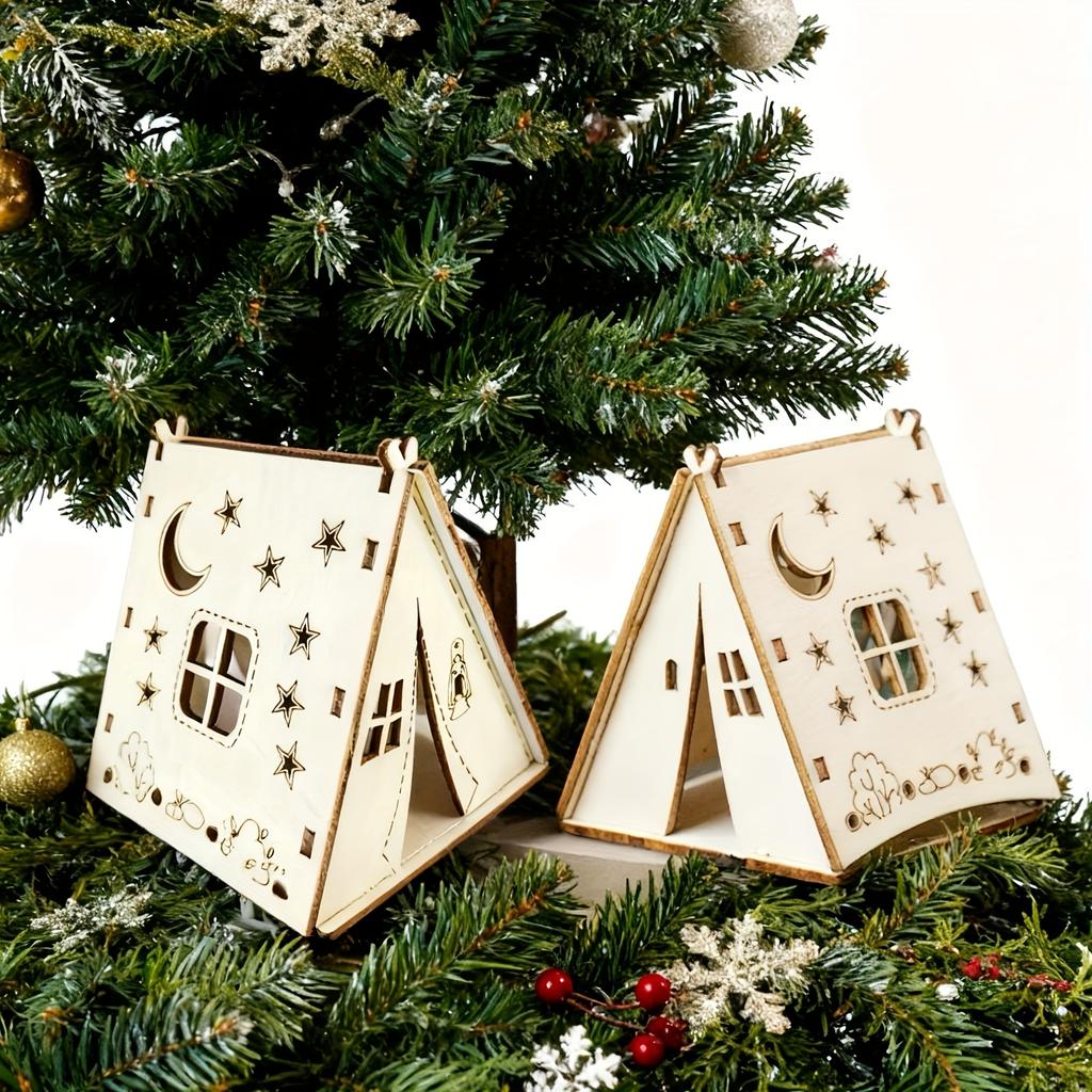 4pcs Christmas Decorative Wooden Triangular Tent Houses, for Holiday Decoration, Desktop Ornaments, Party Setups, Home Decor, and Holiday Gifts