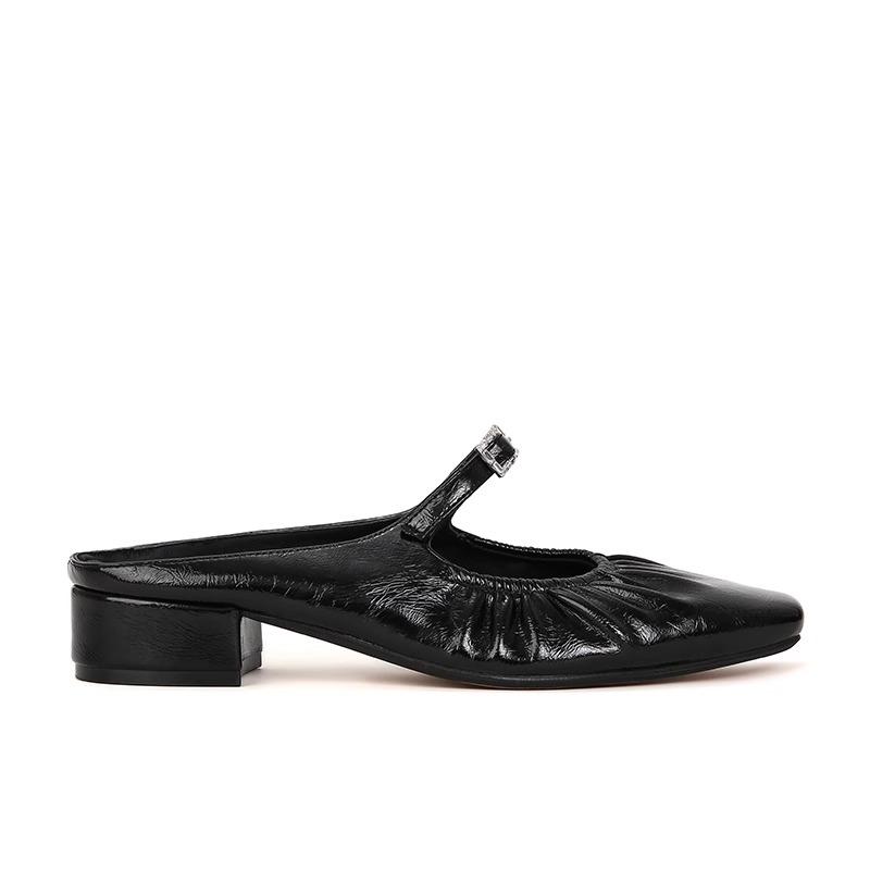 Sheepskin version~ Square head lambskin pleated bag head thick heel slippers women's half drag wear cool slippers