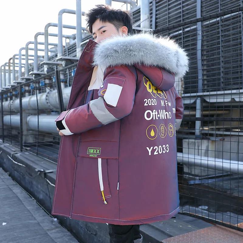 Large Fur Collar Down Jacket Glossy Men's Winter Thick Cotton Jacket Mid-length Slim Hooded Outwear Casual Jacket Wild Zipper Warm Down Coats