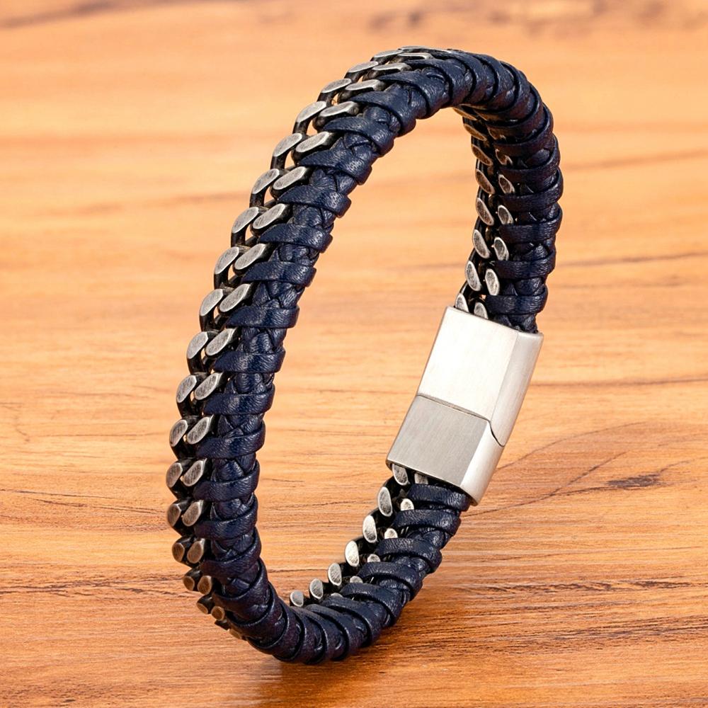 Luxury Vintage Handmade Leather Braid Men Bracelet Stainless Steel Buckle Business Men's Bangles for Friend Partner Lovers