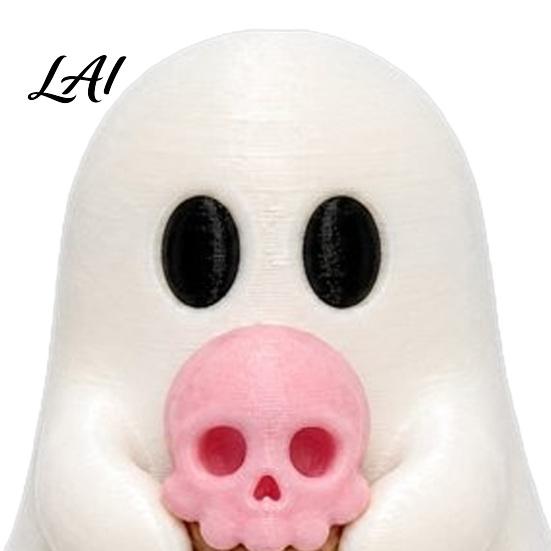Sweet Cool Room Ornaments Halloween Mini Ghost Decorative Figurine 3D Printed White Statue with Pink Skull Ice Cream Cute Desktop Ornament for Home