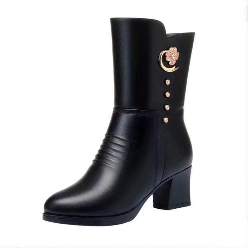 Medium tube women's cotton boots new Martin boots high heels women's winter velvet thickened non-slip warm cotton shoes