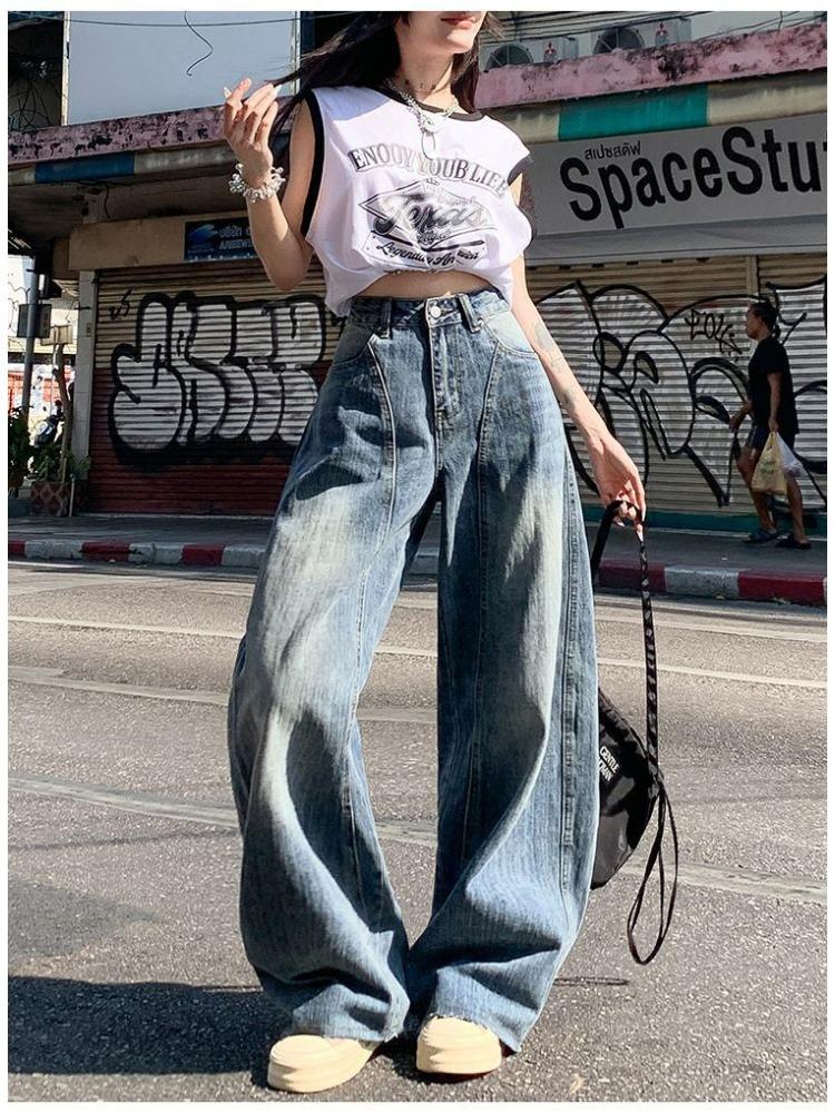 Comfortable Retro Wide Legged Do Old Jeans Skinny High-waisted Loose Straight Machete Trousers Trailing Trousers Jeans for Women Long Denim Pants