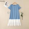 ZANZEA Women Casual Round Neck Short Sleeve Loose Lace Splice Dress
