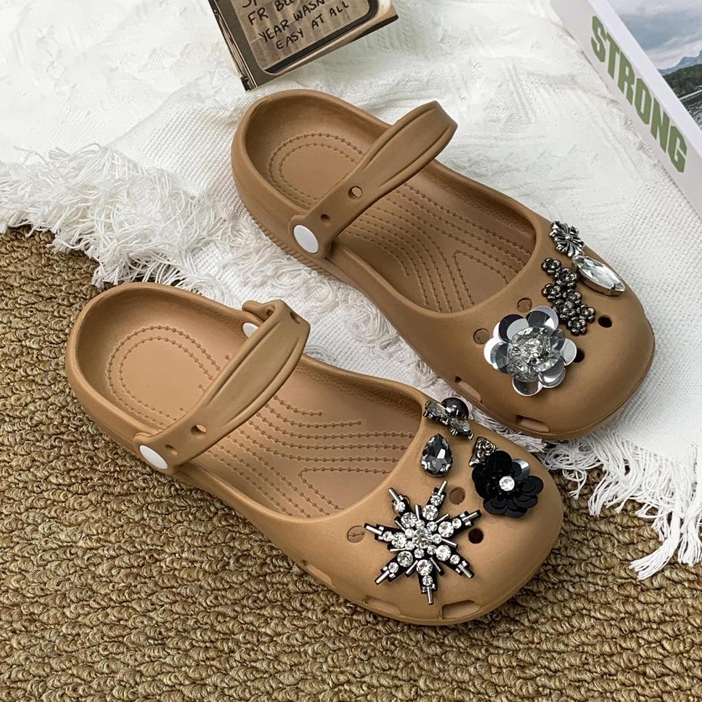 2026 Trendy Women's Rhinestone Ballet Crocs: Summer Outdoor Non-slip Closed-toe Soft Sole Sandals.