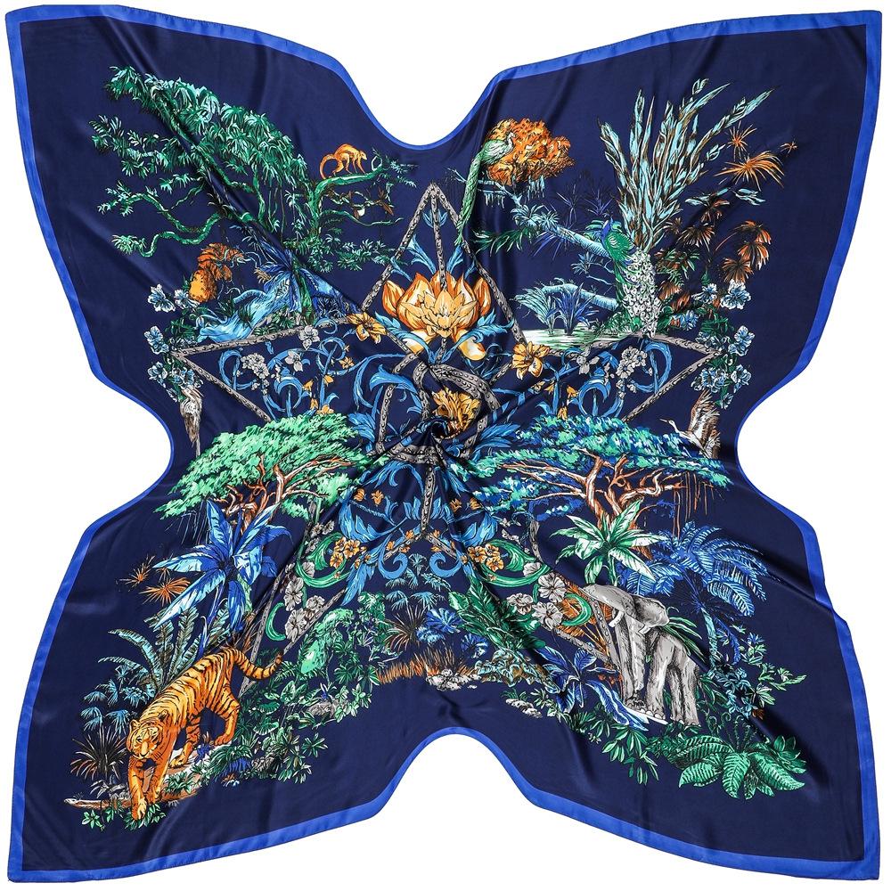 Silk Scarf Women Large Shawl Plant Jungle Tiger Elephant Stoles Square Bandana Luxury Kerchief Hijab Scarf Female Foulards 130CM