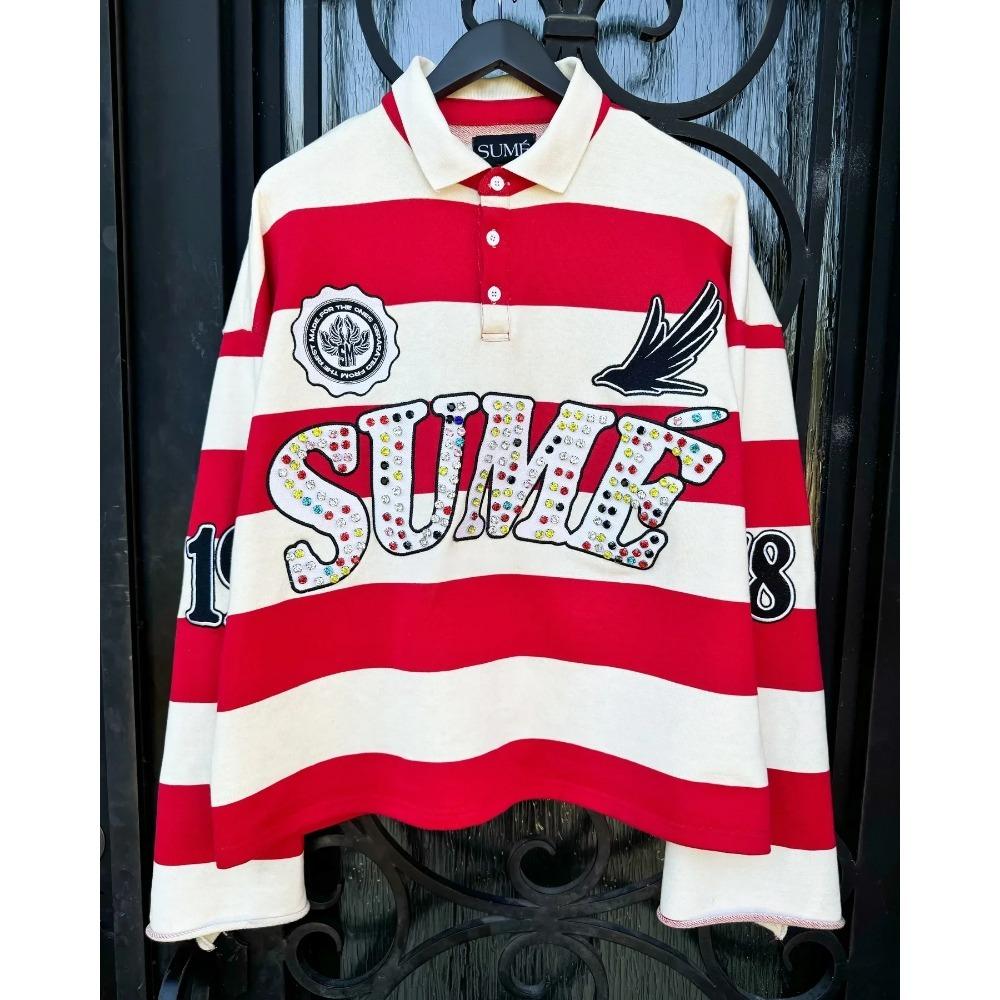 

ZYLLO Hip Hop Embroidery Stripe Polo Shirt Y2k Retro Fashion Classic Lapel Neck Shirt Long Sleeved T Shirt 3XL