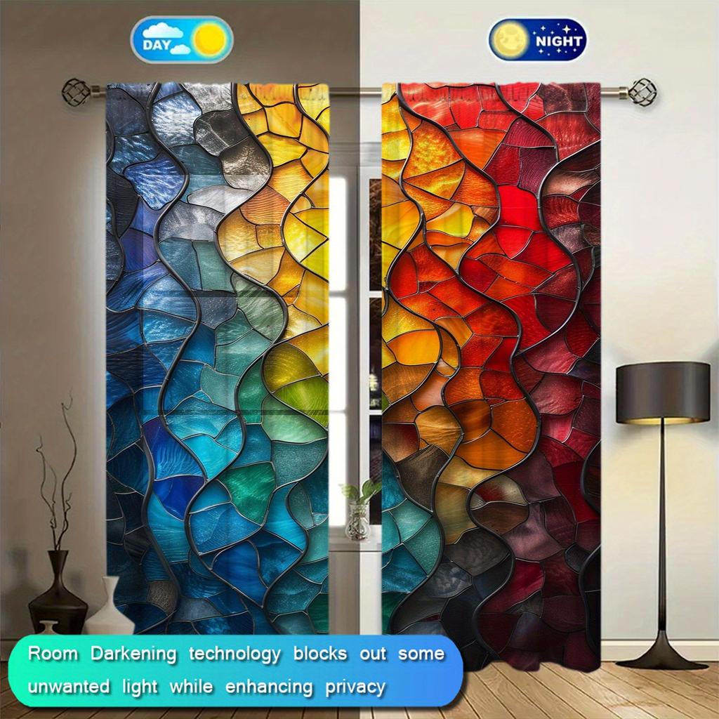 2pcs Colored Glass Printed Curtain for Home Decor - Rod Pocket Window Treatment for Bedroom   Office   Kitchen   Living Room