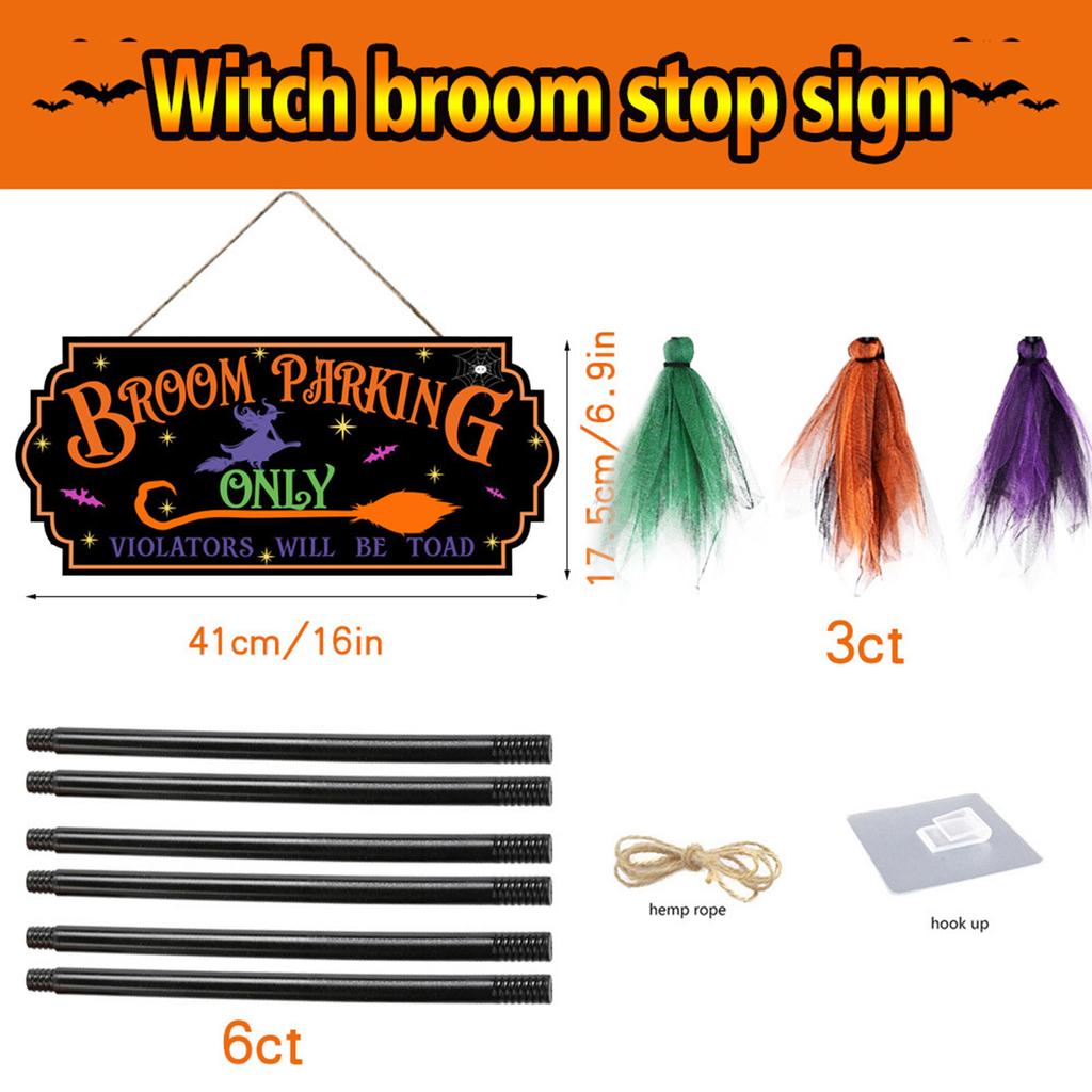 Enchanting Witches Broomsticks Parking Sign with 3 Wood Brooms Halloween Front Porch and Wall Decoration Party Supplies