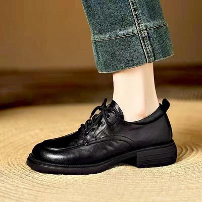 Top Grain Cowhide Women's Round Toe Lace-up Loafers - Autumn 2025 Luxury Hand-Grained Leather Shoes