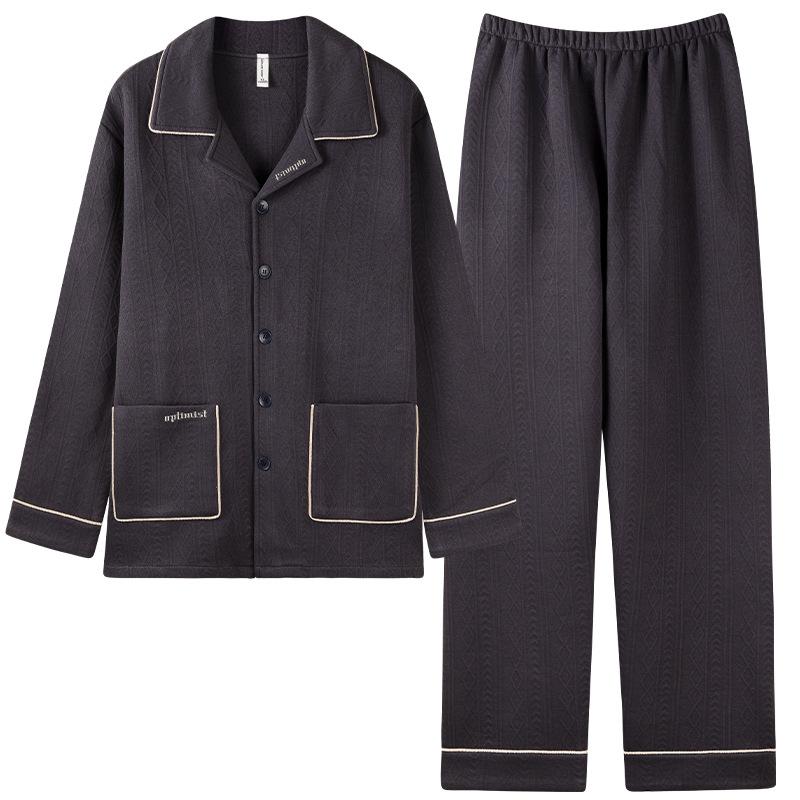 Herren-Pyjama für Frühling und Herbst, dick gefüttert, aus reiner Baumwolle, langärmelig, atmungsaktive Baumwollzwischenlage, hochwertige, dünn wattierte Baumwoll-Homewear für Herbst und Winter