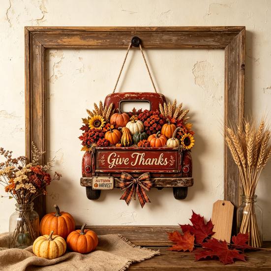 Rustic Pumpkin Truck Door Ornament Harvest Hanging Sign for Front Door, Wooden Fall with Distressed Wood Hemp Rope, Farmhouse Welcome Sign,