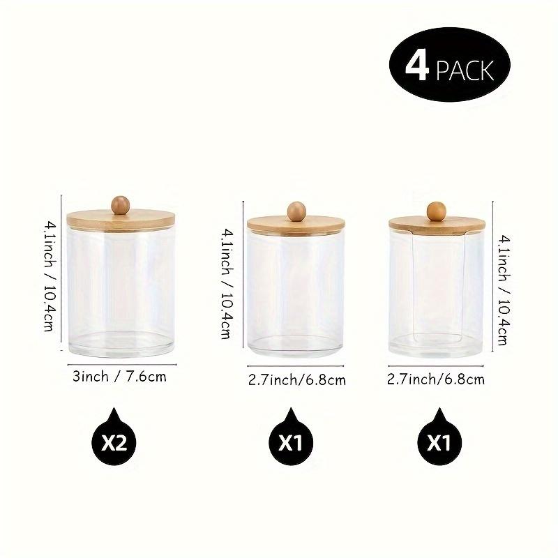 4 Pcs Qtip Holder Dispenser - 10 Oz, 12 Oz Bathroom Organizers Storage Containers, Clear Plastic Apothecary Jars with Wood Lid